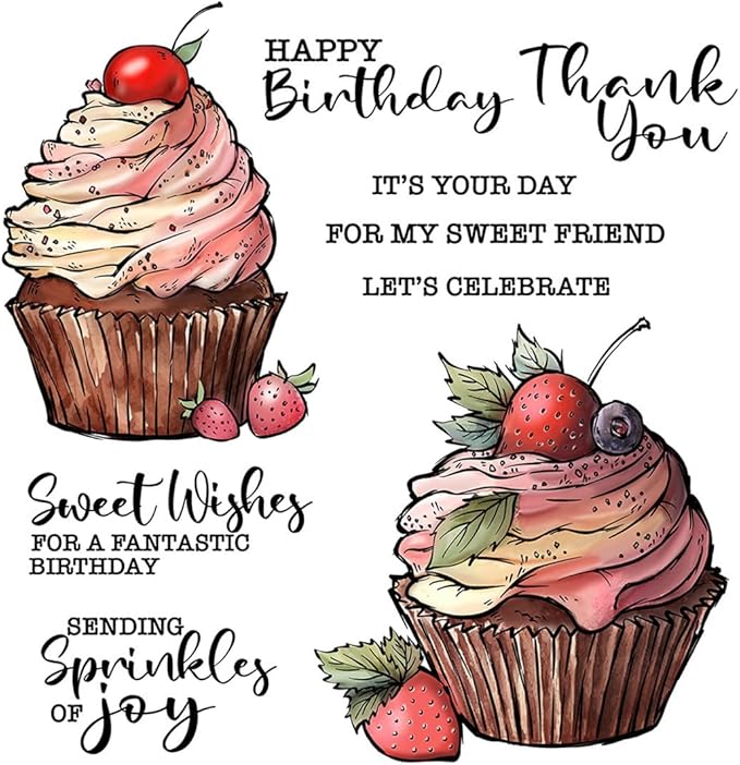 Birthday Cupcake Strawberry Stamps and Cutting Dies for Card Making DIY Transparent Silicone Clear Stamp and Metal Die Cuts Sets for Scrapbooking Paper Greeting Cards Decor Seals Craft Supplies