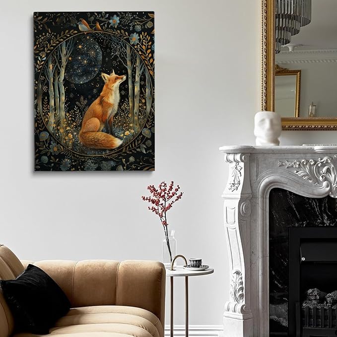 Nordic Rustic William Morris Fox Wall Art, William Morris Moon & Stars Print, Vintage Animal Poster Decor for Living Room, Bedroom 24x36in Large Frame Wall Art
