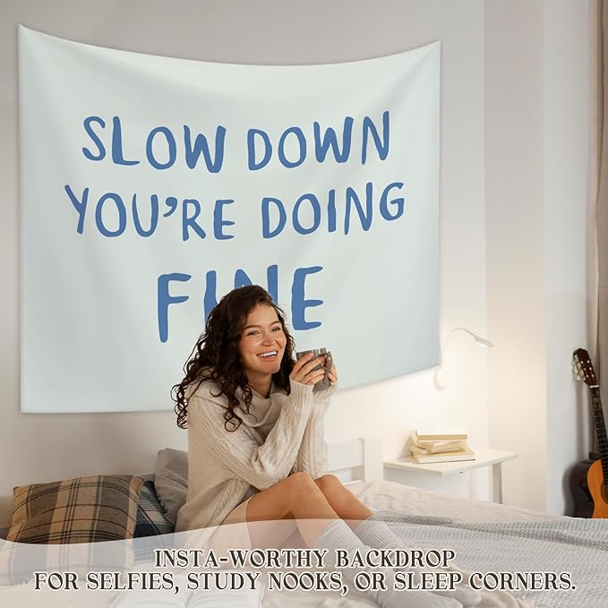 STHTTSW Slow Down You're Doing Fine Tapestry, Daily Reminder Tapestries Wall Blanket, Affirmation Wall Hanging Decor for College Dorm Bedroom Therapy Office, 50x60 Inch