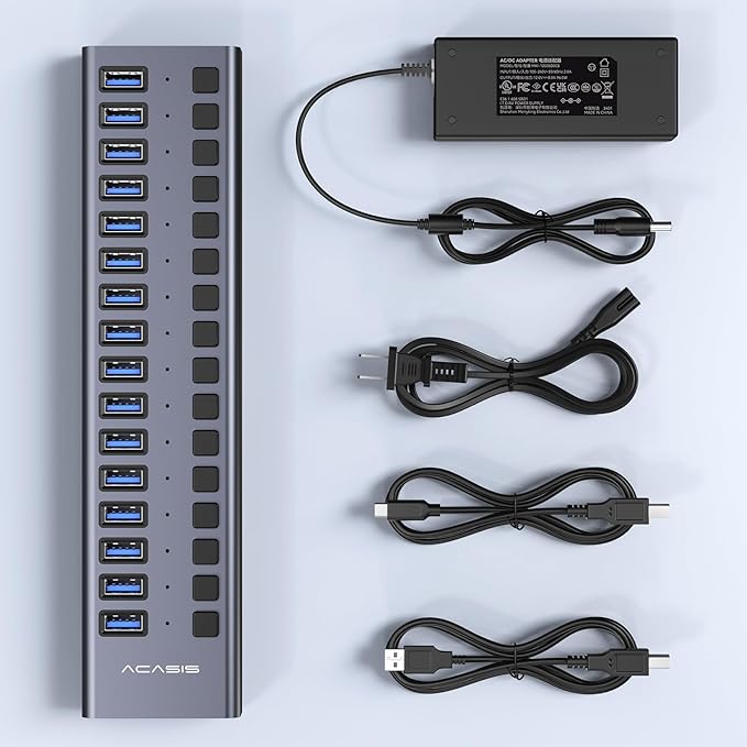 Powered USB 3.2 Hub, ACASIS 16 Ports USB 3.2 Hub with 10Gbps Data Speed，Aluminum Housing, USB Hub Powered with 96W Power Adapter, USB Hub for PC/Laptop, Computer, Flash Drive, Printer, Camera