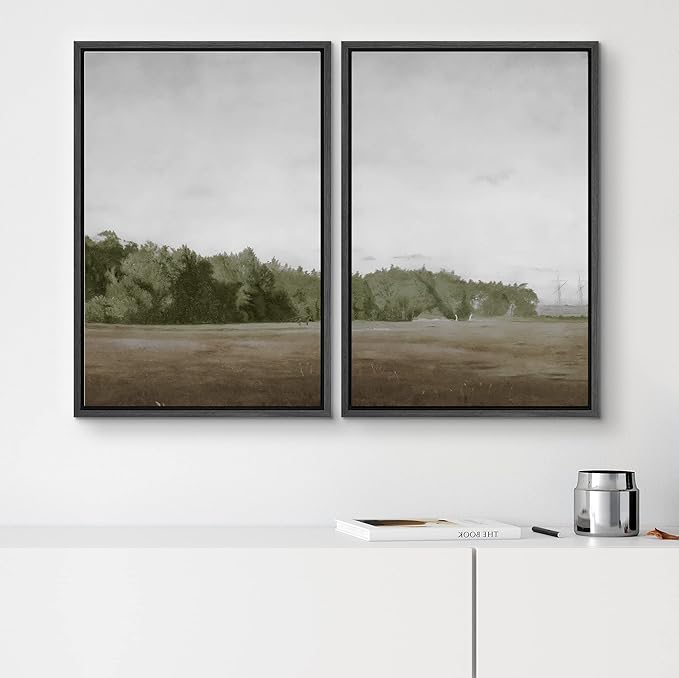 SIGNWIN Framed Canvas Print Wall Art Set Green Mountain Hill Forest Landscape Nature Wilderness Illustrations Fine Art Farmhouse/Country Minimal for Living Room, Bedroom, Office - 24"x36"x2 Black
