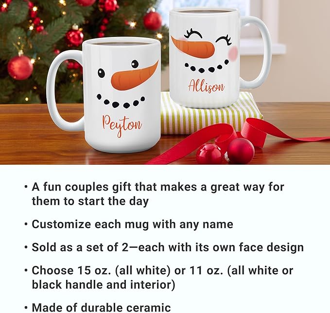 Let's Make Memories Personalized Couples Christmas Snowman Mugs - Christmas Holiday Stocking Stuffer - Set of 2-15 oz. - White Handle