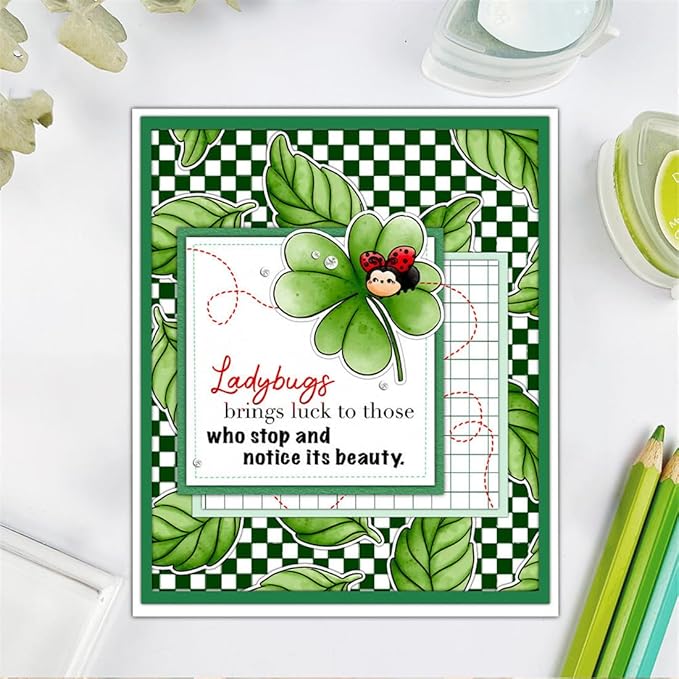 Ladybug Four-Leaf Clover Stamps and Cutting Dies for Card Making DIY Transparent Silicone Clear Stamp and Metal Die Cuts Sets for Scrapbooking Paper Greeting Cards Decor Seals Craft Supplies