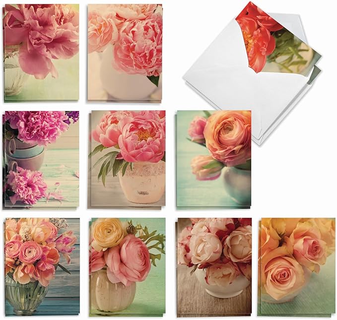 The Best Card Company - 20 Assorted Blank Plant Cards Boxed (4 x 5.12 Inch) (10 Designs, 2 Each) - Full Blooms AM6553OCB-B2x10