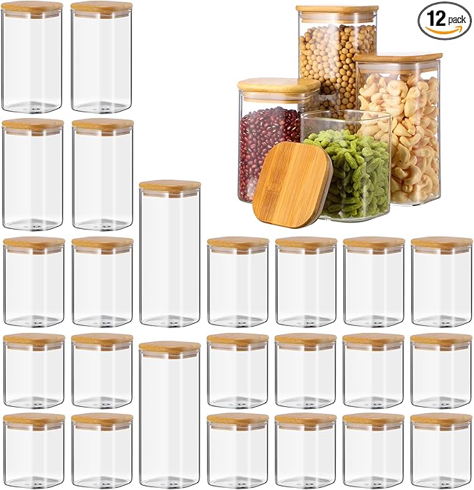 12 Pcs Glass Storage Jars with Bamboo Lids 4 Size Glass Storage Containers Pantry Food Containers Clear Airtight Square Jars for Candy Cookie Kitchen Sugar Pasta Nuts Pantry Organization