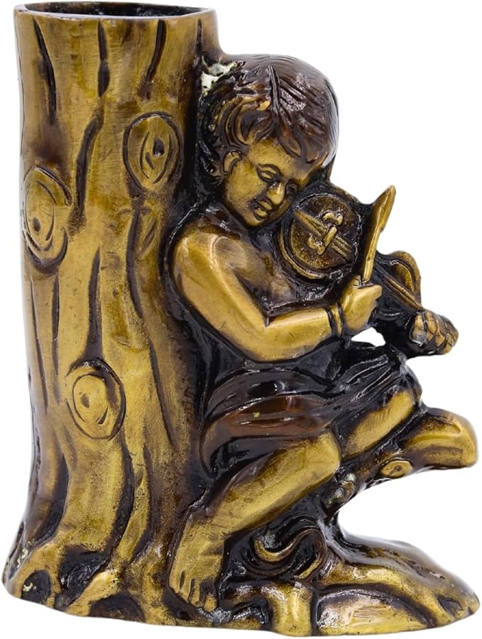 NATRIEL Vintage Brass Pen Holder with Reading Boy Design, Decorative Tree Trunk Pencil Stand, Antique Gold Finish, 4.72x3.93 Inches