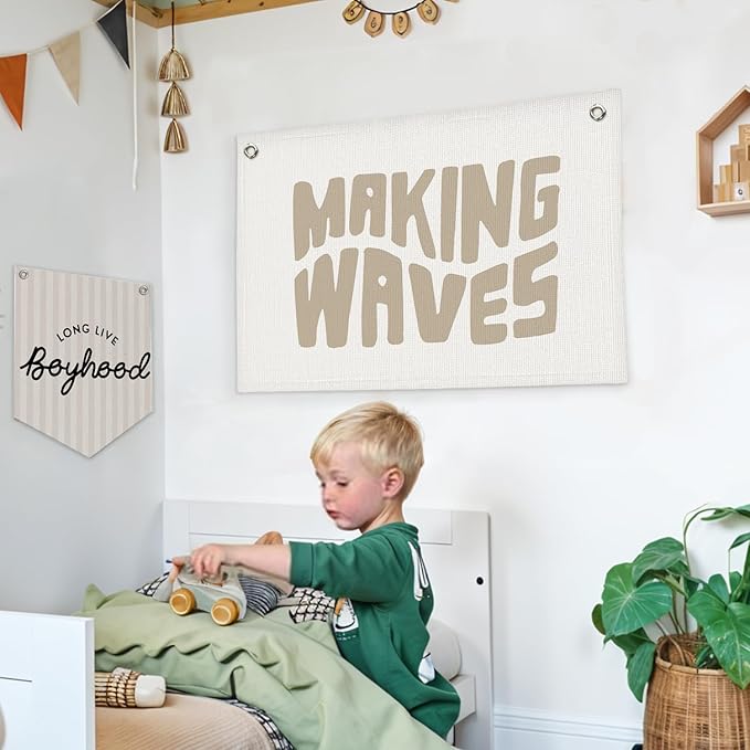 Lacama Coastal Nursery Boho Room Decor, Vintage Making Waves Canvas Banner Beach Kids Room Decor,Surf Nursery Decor Wall Hanging Banner Flag,30x20 Inch