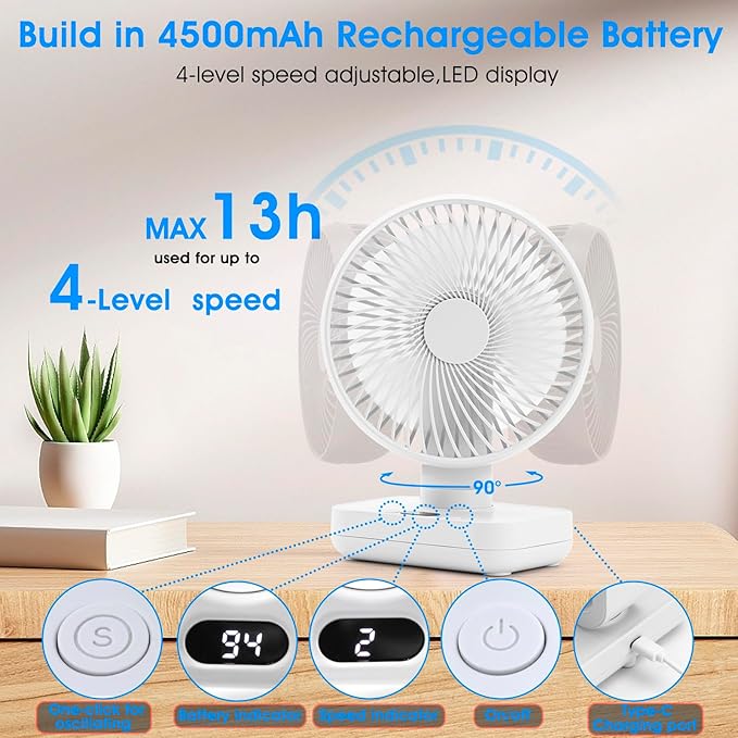 Oscillating Table Fan Small Oscillating Fan for Bedroom/Indoor/Outdoor Ultra Quiet Mini Desk Fan Auto 90° Rotated 4 Speeds 5in Wall Mounted Cordless Portable Rechargeable (White)