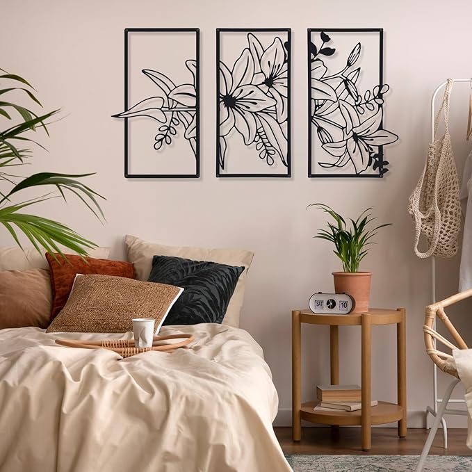 Therwen 3 Pcs Black Metal Wall Art Minimalist Wall Decor for Bedroom Flowers Decor Hanging Flower Bathroom Art Flower Line Sculpture Kitchen Decoration 16.5 x 9.8 Inch(Classic Style)