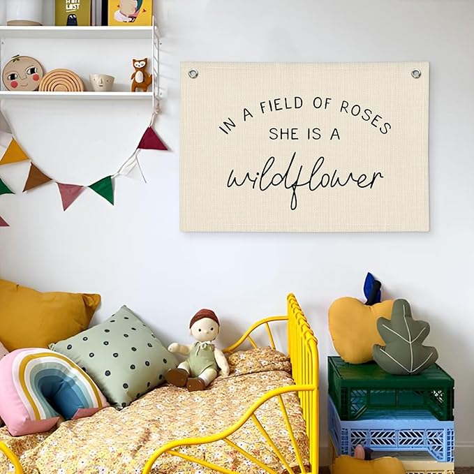 Wildflower Nursery Decor, Girls Room Decor - In a Field Full of Roses She Is a Wildflower Pink Linen Banner Flag for Little Girl Baby Girl - Black