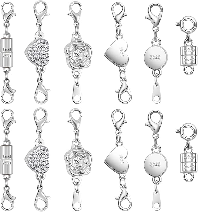 Magnetic Jewelry Clasps Set, Gold and Silver, 12 Pack Rose and Heart Design, Necklace Bracelet Closures with Rhinestone Accents (12pcs Silvery)