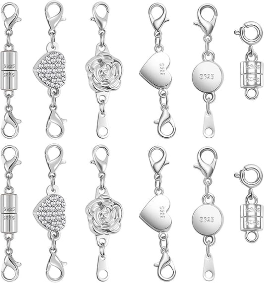 Magnetic Jewelry Clasps Set, Gold and Silver, 12 Pack Rose and Heart Design, Necklace Bracelet Closures with Rhinestone Accents (12pcs Silvery)