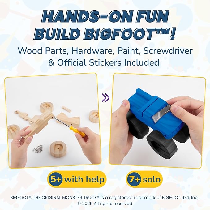 DIY Bigfoot 5 Monster Truck Wooden Kit w/Stickers & Paint (Large 5 1/4")- Officially Licensed Kids Building & Painting Kit - Wooden Painting & Building Kits for Kids - Ages 5-8 Years Stem & Paint Toys