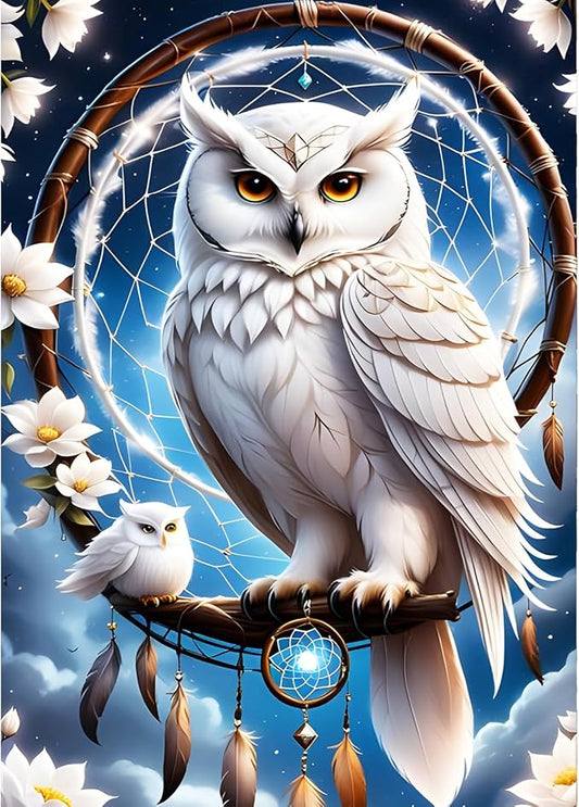 QINRUBB DIY White Owl Diamond Art Kit for Adults Beginners, Full Drill Dream Catcher Diamond Painting Kits, 5D Dreamland Owl Painting by Numbers DIY Craft Kits for Home Wall Decor 12x16 inch