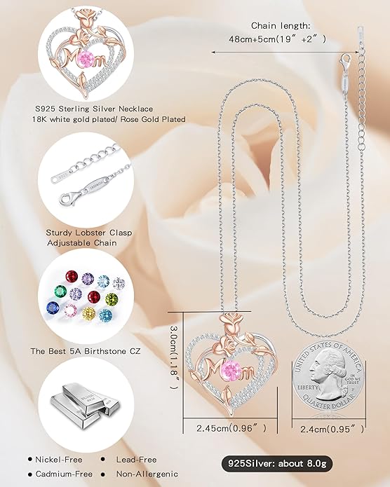 Mothers Day Gifts for Mom - Rose Heart Necklaces for Women, 925 Sterling Silver Birthstone Jewelry to My Wife Necklace, Birthday Gifts for Mother Grandma Girlfriend Her