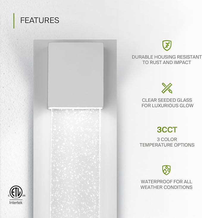 ASD LED 24" Bubble Glass Wall Light Fixture, Outdoor & Indoor Seeded Sconce | 3CCT, Waterproof, Dimmable, ETL Listed | 20W 600LM 3000-5000K 100-277V | Exterior Lantern, Porch Lighting | White