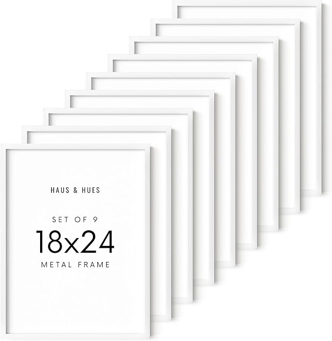 HAUS AND HUES 18x24 White Aluminum Frame Set of 9 - Wall Display Pack, Shatterproof Plexiglass (18x24 in, White)