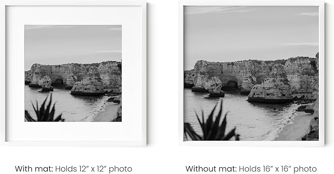 HAUS AND HUES 16x16 White Aluminum Frame Set of 4 - Matted to 12x12, Hanging Hardware, Shatterproof Plexiglass (16x16 in, White)