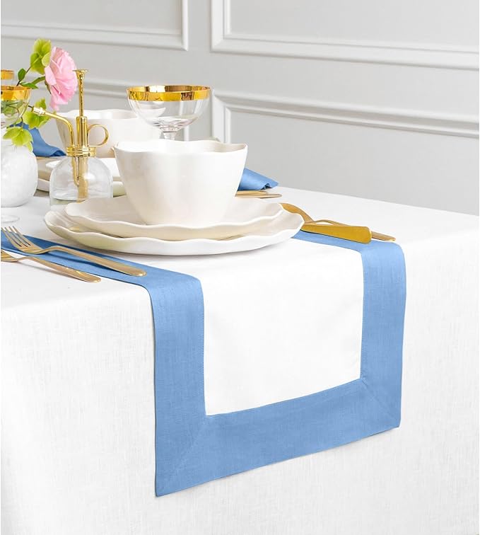 Solino Home Linen Table Runner 60 Inches - 100% Pure Linen Cornflower Blue and White Short Table Runner 14 x 60 Inch Ideal for Dresser and Coffee Tables - Contempo, Winter, Spring, Easter