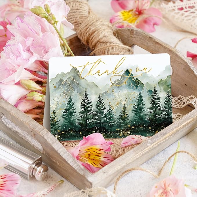 Artoid Mode 24 Pack Golden Polka Dot Tree Mountain Forest Thank You Cards Gift With Envelope Sticker Blank Note Greeting Cards, 4 x 6 Inch