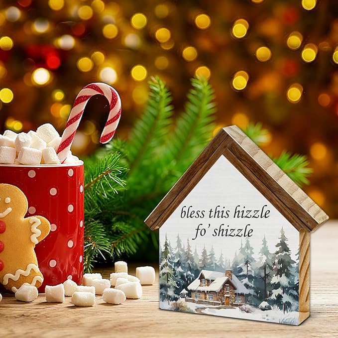 Rustic Christmas Decor, Bless This Hizzle Fo' Shizzle House Shaped Wooden Sign, Funny Christmas Decorations for Home