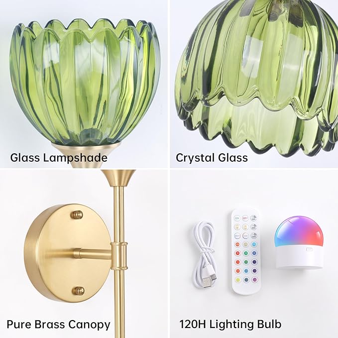 Battery Operated Wall Sconce Set of 2, Green Tulip Vintage Wall Light Fixture Rechargeable 5000mAh Battery Powered Wall Lamp with Remote for Living Room Bathroom