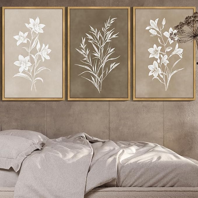 KUVIOKE Vintage Botanical Flower Framed Wall Art Colorful Neutral Boho Floral Wall Decor Botanical Retro Wildflower Modern Art Prints Rustic Home Decor 24x36in (Natural Framed)