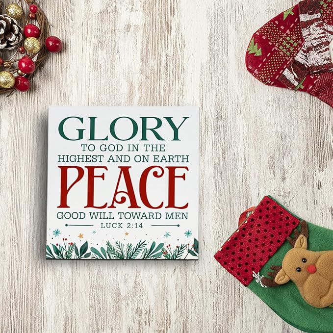 Christmas Christian Wooden Desk Decor Sign, Glory to God in The Highest and on Earth Peace Goodwill Toward Men, Christmas Home Plaque for Living Room Bedroom Tabletop Decor 5x5 Inches
