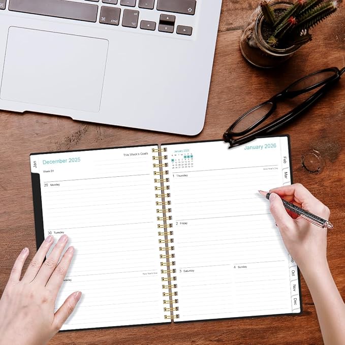 2026 Planner - Planner 2026 from January 2026 - December 2026, Weekly & Monthly Planner Spiral Bound with 12 Monthly Tabs, Inner Pocket, 6.4" x 8.5", Black-E