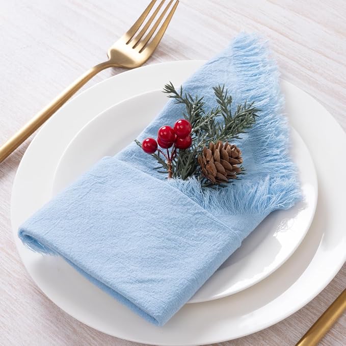 12 Pack Baby Blue Cotton Linen Napkins with Fringe Spring Cloth Napkins Set of 12 Boho Handmade Dinner Napkins Bulk for Wedding Bridal Baby Shower Valentine's Day, 17 x 17 Inches