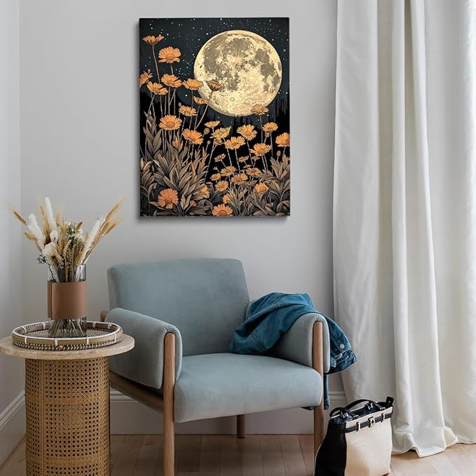 Dark Moody Moon And Flowers William Morris Art Print, Dark Cottagecore Celestial Wall Art, Etheral Moonlight Academia Decor, Gothic Art for Office Bedroom Living Room 16x24in Unframed poster