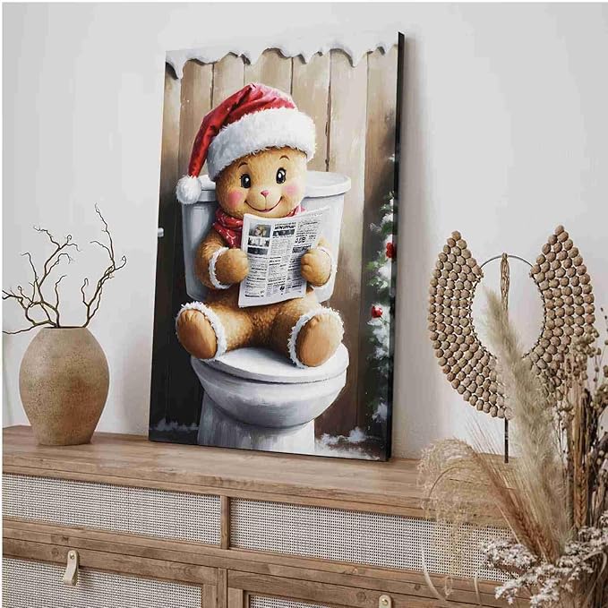 Canvas Wall Art Gingerbread on the Toilet Funny Christmas Poster Bathroom Wall Art Toilet Trendy Christmas Decor 16x24in-UnFramed