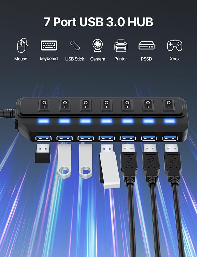 USB Hub 7 Port,USB 3.0 Hub Splitter with Individual On/Off LED Switches, USB Hub for PC, 5Gbps HighSpeed Data for Laptop, Mac, PC, Desktop, PS5, Xbox and More