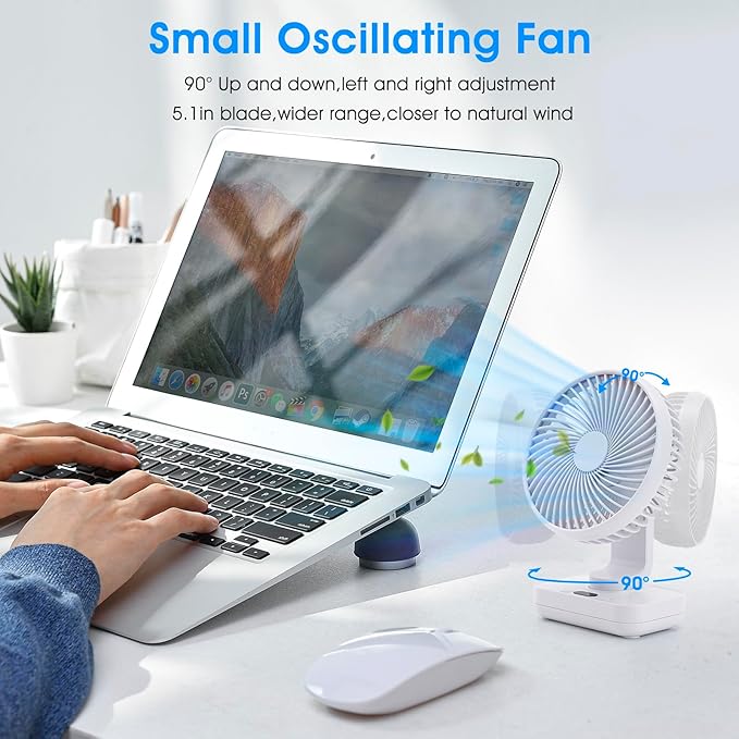 Oscillating Table Fan Small Oscillating Fan for Bedroom/Indoor/Outdoor Ultra Quiet Mini Desk Fan Auto 90° Rotated 4 Speeds 5in Wall Mounted Cordless Portable Rechargeable (White)