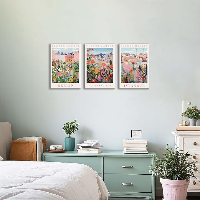 XLARTMY Flower Market Wall Art Prints Canvas Orange and Pink Floral Paintings Colorful Botanical Travel Flower Posters for Home Decor Pictures Set of 3 for Living Room Bedroom 16x24in Unframed