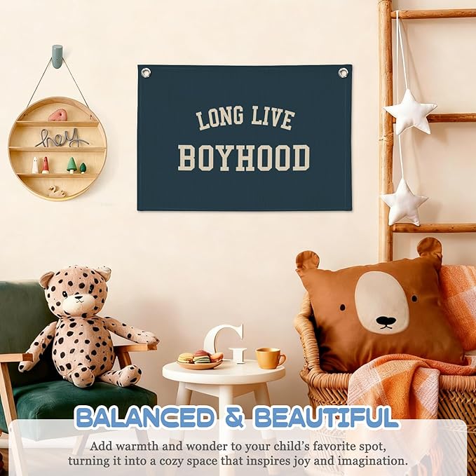 Long Live Boyhood Boy Room Decor Wall Art, Nursery Playroom Linen Banner Print Decor for Bedroom Living Room Dorm Toddler Decorations Teen Boy Room Decor 30X20 Inch