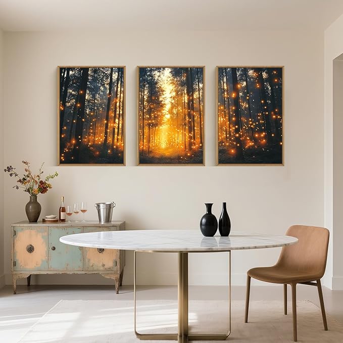 Magical Firefly Forest Framed Canvas Wall Art Set,Enchanted Night Nature Mystical Woodland Wall Decor,Whimsical Orange Twinkling Black Tree Art Print for Living Room, Bedroom, Office- 16"x24"x3
