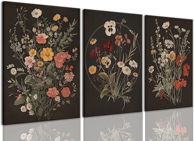 TUEASKY 3 Piece Dark Floral Canvas Wall Art Vintage Botanical Wall Art Moody Flower Decor Black Wildflower Art Prints for Living Room Bedroom Office 16x24in Framed