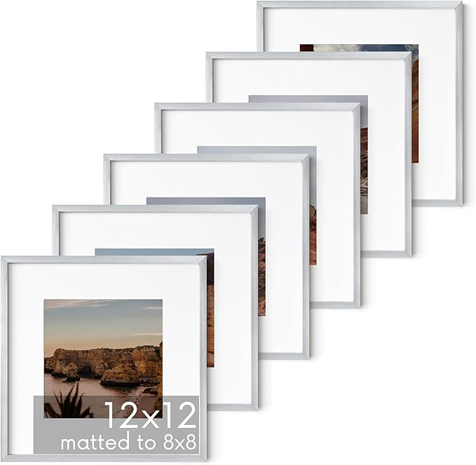 HAUS AND HUES 12x12 Silver Metal Picture Frames Matted to 8x8 - Premium Aluminum with Hanging Hardware, Shatterproof Plexiglass - Ideal for Home or Office (12x12 in, Silver, Set of 6)