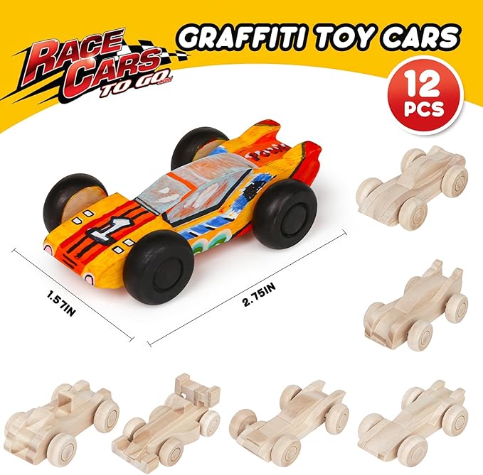12 Pieces Unfinished Wooden Cars, Wood DIY Cars Arts and Crafts Kit for Students Home Activities Easy Woodworking and Family Time (Paints and Brushes not Included)
