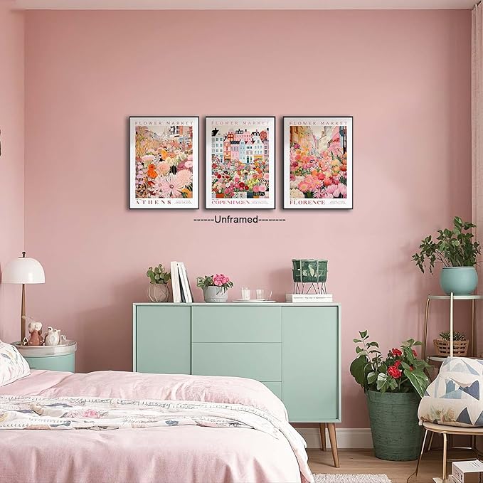 XLARTMY Flower Market Wall Art Prints Canvas Pink Floral Paintings Colorful Botanical Sunflower Artwork Travel Posters for Home Decor Pictures Set of 3 for Living Room Bedroom 12x16in Unframed