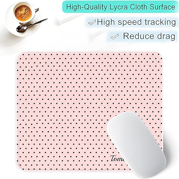 Seorsok Cute Pink Mouse Mat,Premium Textured Mouse Pads for Office Laptop,Washable Square Mousepads with Extended Stitched Edges Non Slip Rubber Base 9.5"x7.8"x0.12"Inch,Black Polka Dot Design
