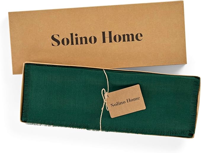 Solino Home Fringe Linen Placemats Set of 4 - Evergreen Placemats 14 x 19 Inch - 100% Pure Linen Table Mats for Winter, St Patricks Day - Handcrafted and Machine Washable