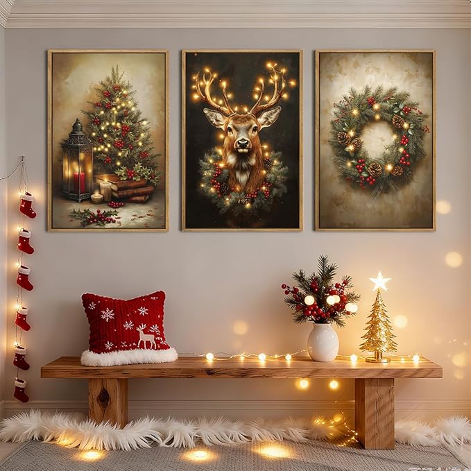 Anyzal Christmas Wall Art Winter Christmas Tree Prints Santa Elk Wall Decor for Living Room Bedroom Dining Room 12x16 Inch