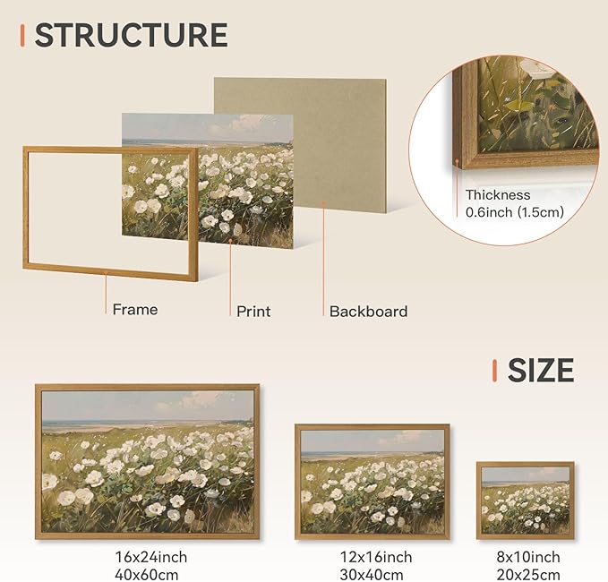 CAZLOUC Vintage Coastal Wall Art, White Wildflower Wall Decor, Rustic Farmhouse Landscape Canvas Painting, Nature Seaside Floral Poster Print for Bedroom Living Room Office Wood Framed 16x24 Inch