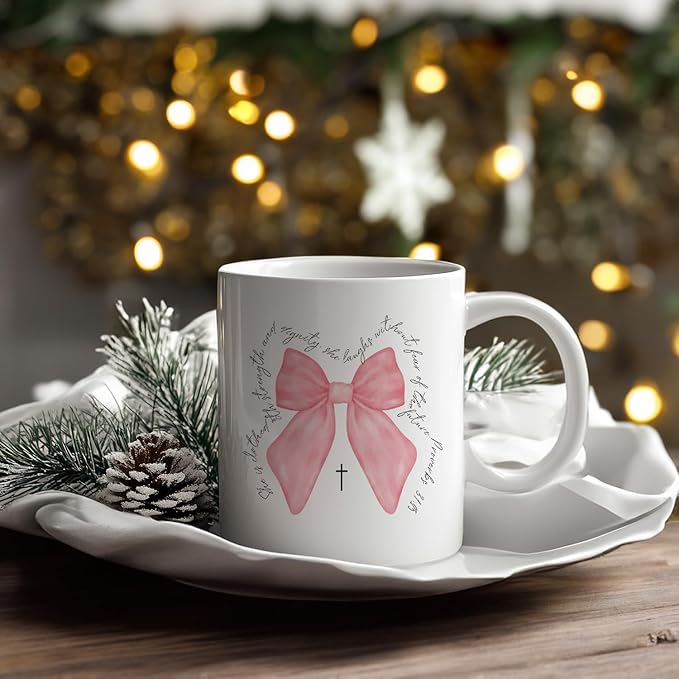 Christian Bible Verse Pink Bow Coffee Mugs for Women, Coquette Encouragement Inspirational Christian Gifts for Women, She Is Clothed With Strength and Dignity Mug, 11oz Ceramic Cup White
