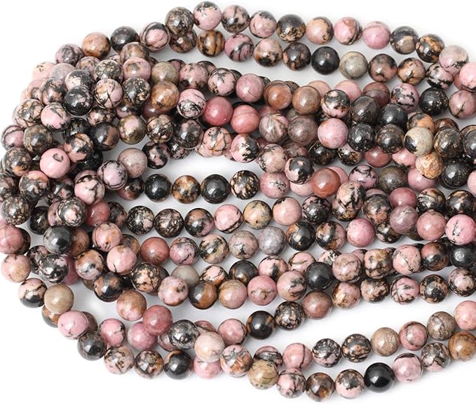 45PCS 8mm Natural Black Line Rhodochrosite Gemstone Smooth Round Loose Beads for Jewelry Making 1 Strand 15"