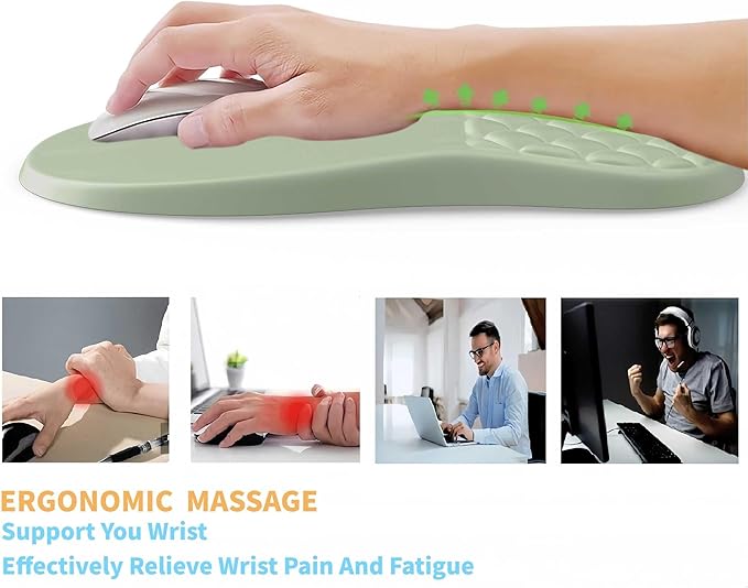 Ergonomic Mouse Pad Wrist Support,Friendly Green Wrist Rest Mousepad for Carpal Tunnel Pain Relief,Integrated Memory Foam Slope Massage Bulge Design