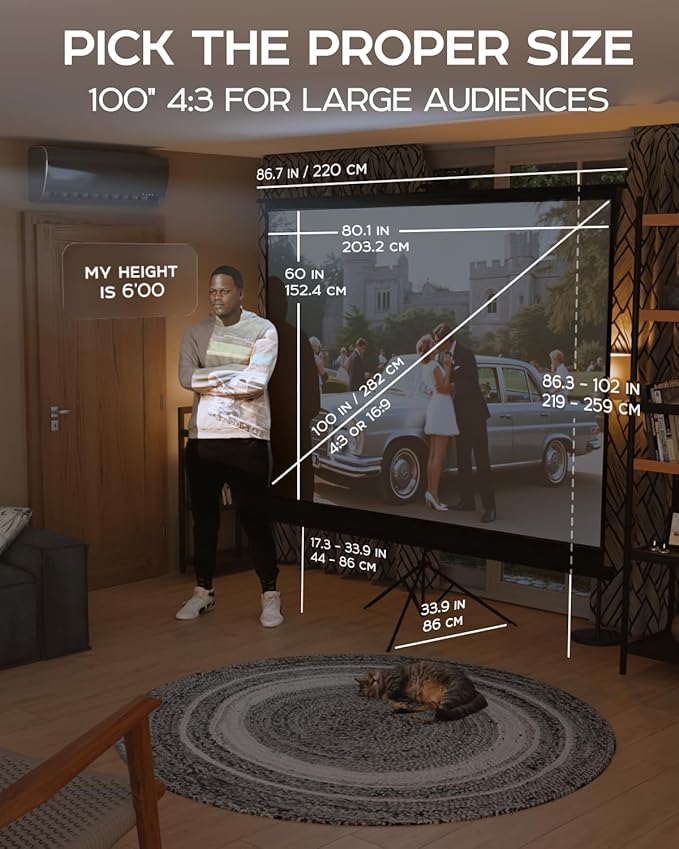 PropVue Projector Screen with Stand 100 inch - Indoor and Outdoor Projection Screen for Movie or Office Presentation - Adjustable from 16:9 to 4:3 HD Premium Wrinkle-Free Tripod Screen