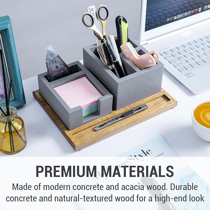 MyGift Modern Concrete Office Desktop Stationery Holder Set with Sticky Note Storage & Acacia Wood Tray – 3-Piece Desk Organizer